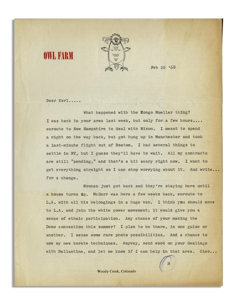 Hunter S. Thompson Letter From 1968 -- ...enroute to New Hampshire to deal with Nixon...Any chance of your making the Demo convention this summer? I plan to be there, in one guise or another...